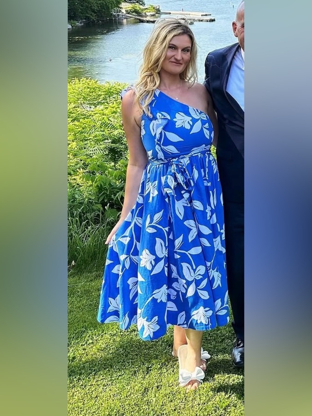 J Crew Blue and White One-Shoulder Floral Midi Dress - Picture 2 of 2